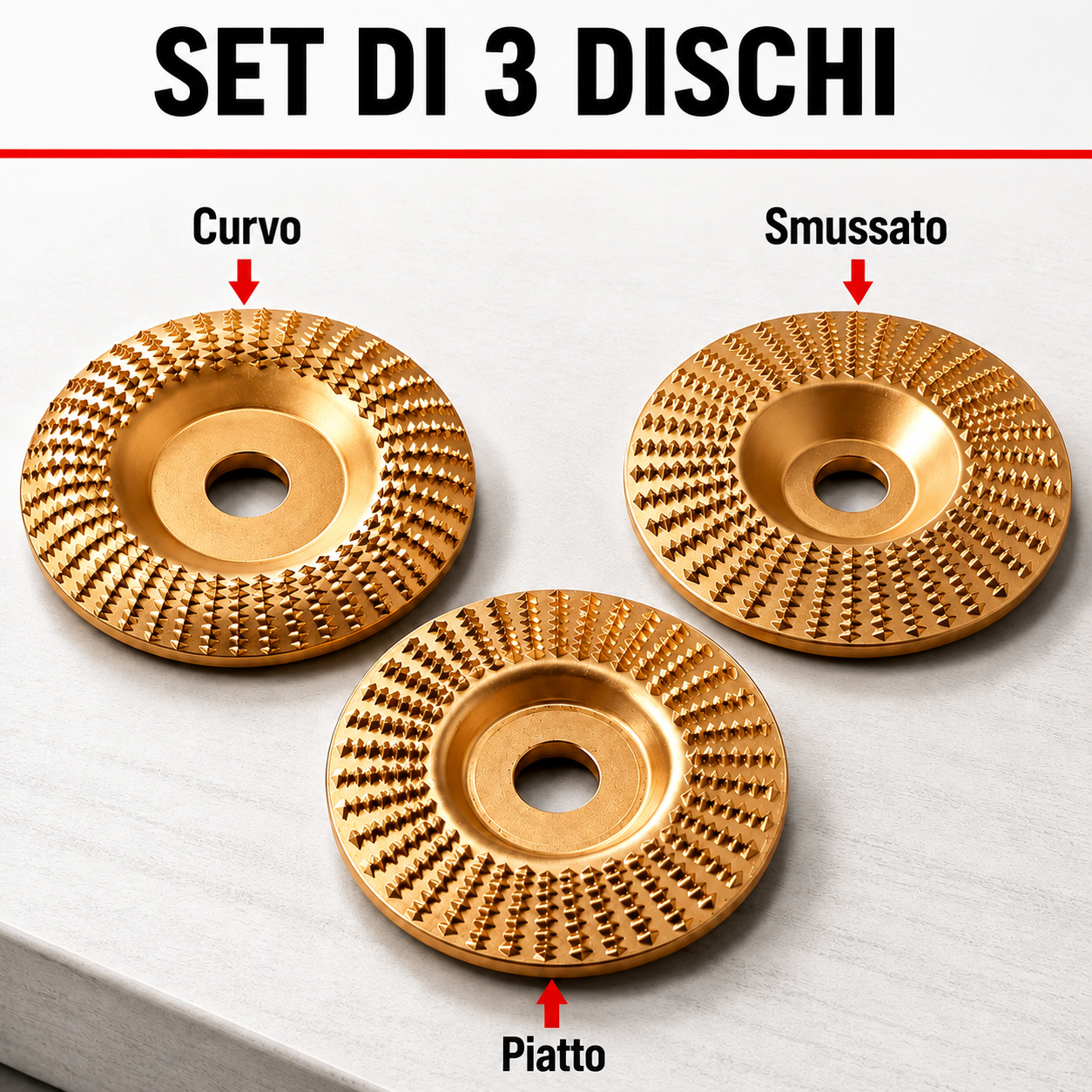 Set di 3 Dischi Abrasivi per Legno – Sgrossatura, Sagomatura e Finitura