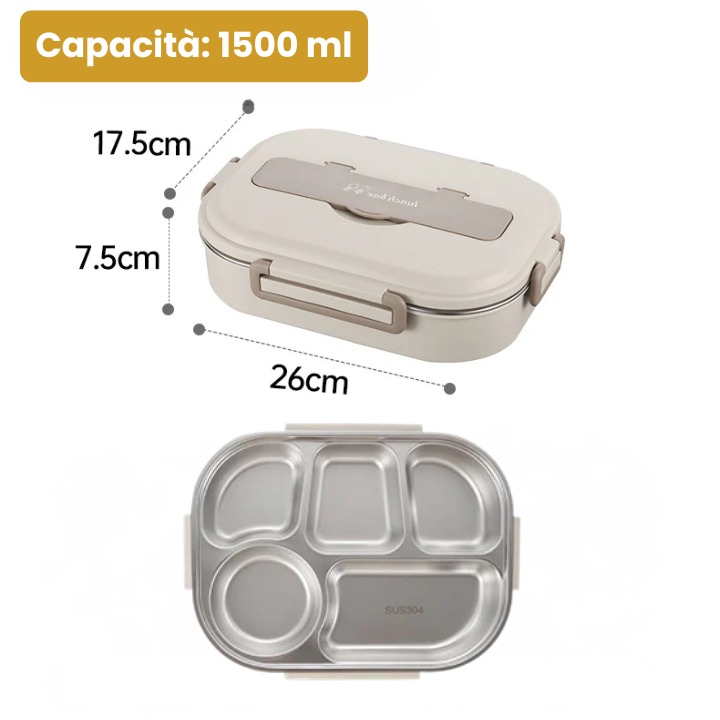 Portapranzo in acciaio inossidabile 304 - 4 scomparti, utensili completi (1500ml)