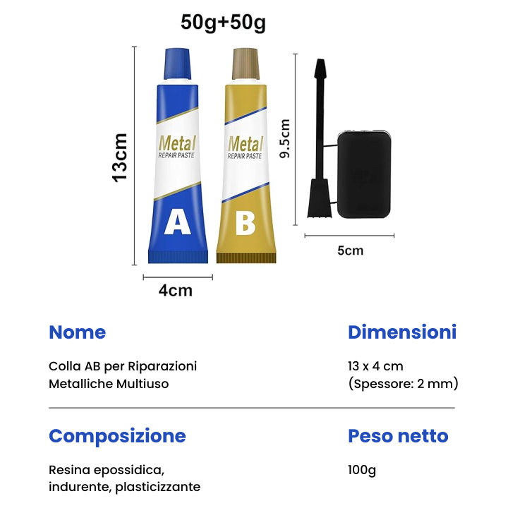 Colla AB per Riparazioni Metalliche Multiuso - La Soluzione Perfetta per Crepe, Perdite e Danni ai Metalli
