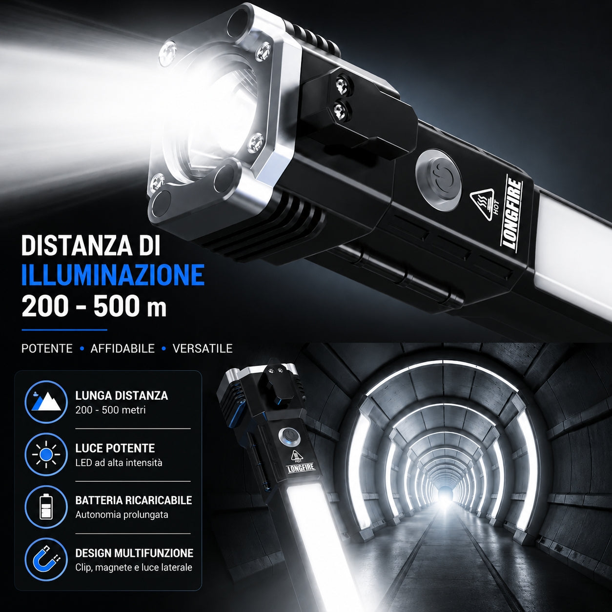 ✨Torcia LED Super Luminosa 4in1 di Emergenza – Rompivetro, Taglia Cintura, Power Bank