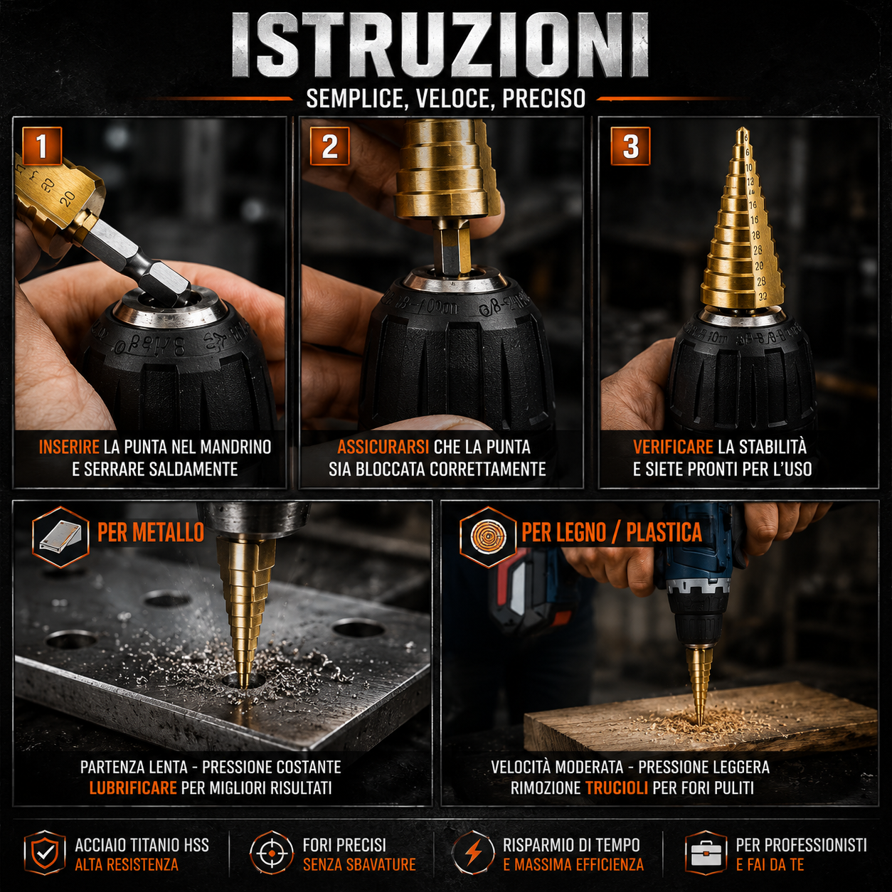 TitanDrill™ – Set di Punte a Gradini in Titanio (6 Punte Multifunzionali)