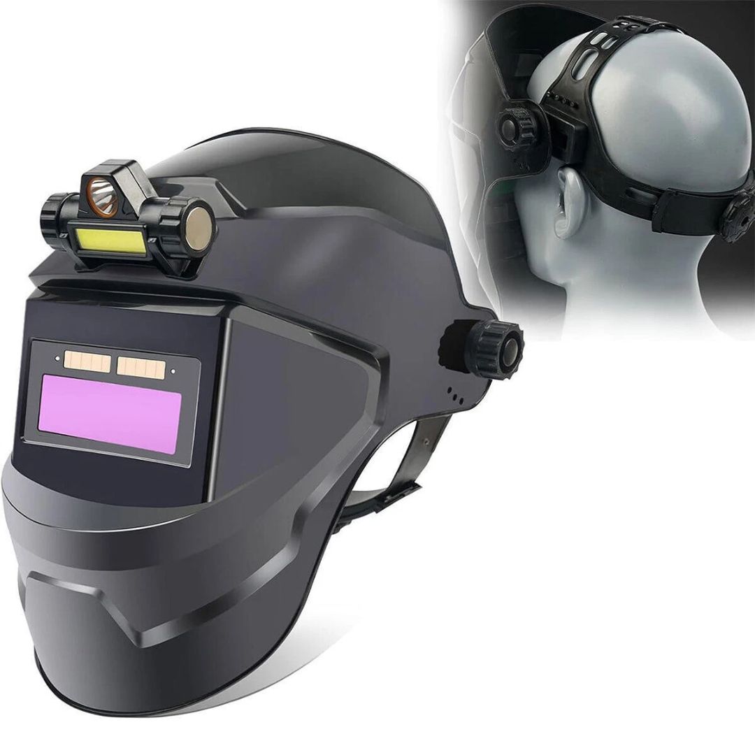 Maschera di saldatura auto-oscurante di alta qualità con luce LED, casco leggero, protezione completa degli occhi