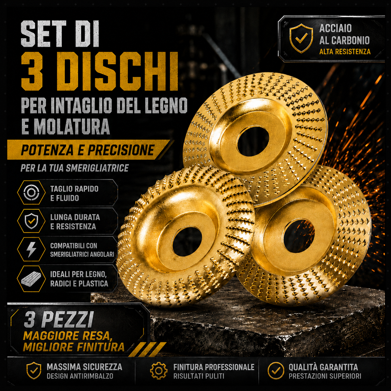 ✦Set Da 3 Dischi Da Smerigliatura In Acciaio Al Carbonio Per Legno | Piatto - Curvo - Inclinato