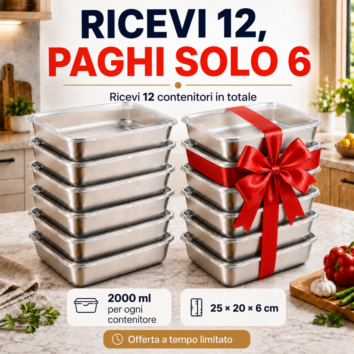 🇮🇹 Prendi 12, Paghi 6 | Set Di Contenitori Per Alimenti In Acciaio Inox 304 (Ermetici, 2000 ML)