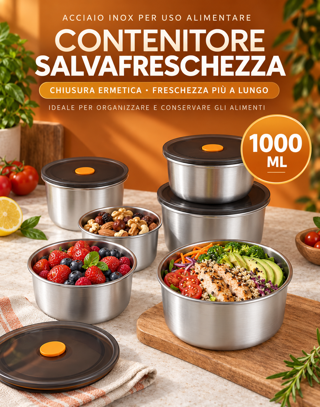 🎁 Prendine 12, pagane solo 6 | Contenitore rotondo in acciaio inox con coperchio sottovuoto (FORMATO GRANDE - 1000 ml)