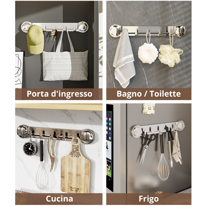 Supporti in acciaio inox con 5 ganci, comodi e capaci di sostenere fino a 20 kg