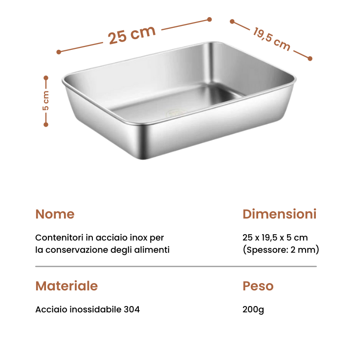 Scatola per alimenti in acciaio inossidabile S304 (25 x 19,5 x 5 cm) (TT)