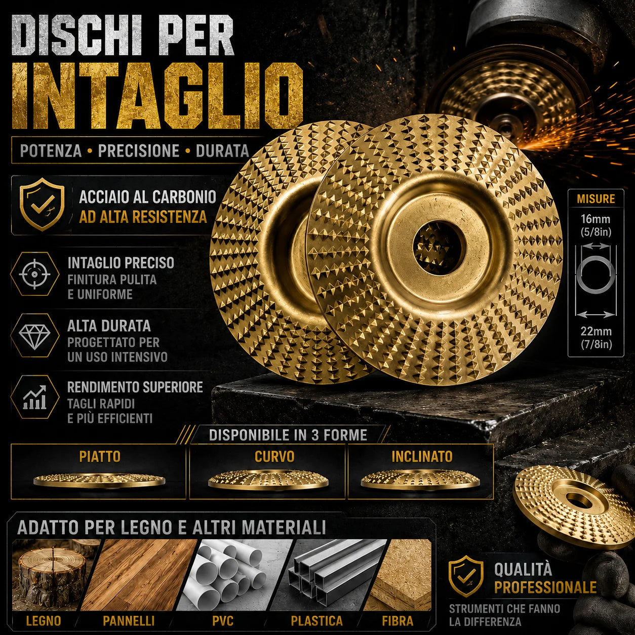 🛠️ Set 3 Dischi Abrasivi per Legno – Acciaio al Carbonio | Piatto, Curvo, Inclinato
