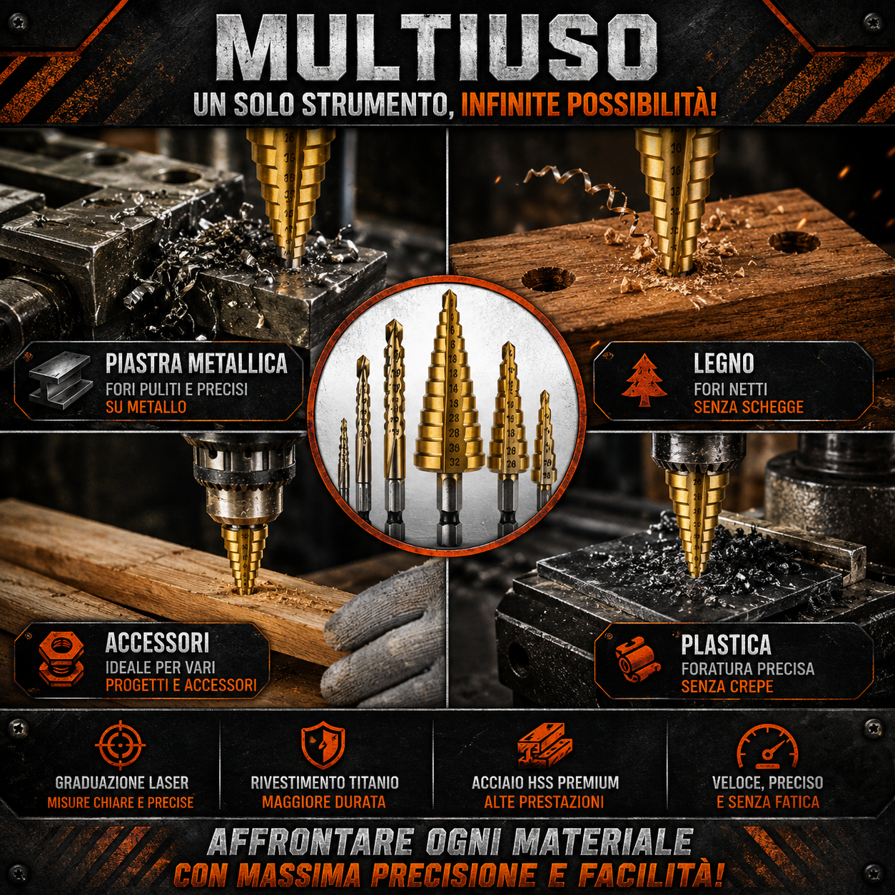 🌪️TitanDrill™ – Set di Punte a Gradini in Titanio (6 Punte Multifunzionali)