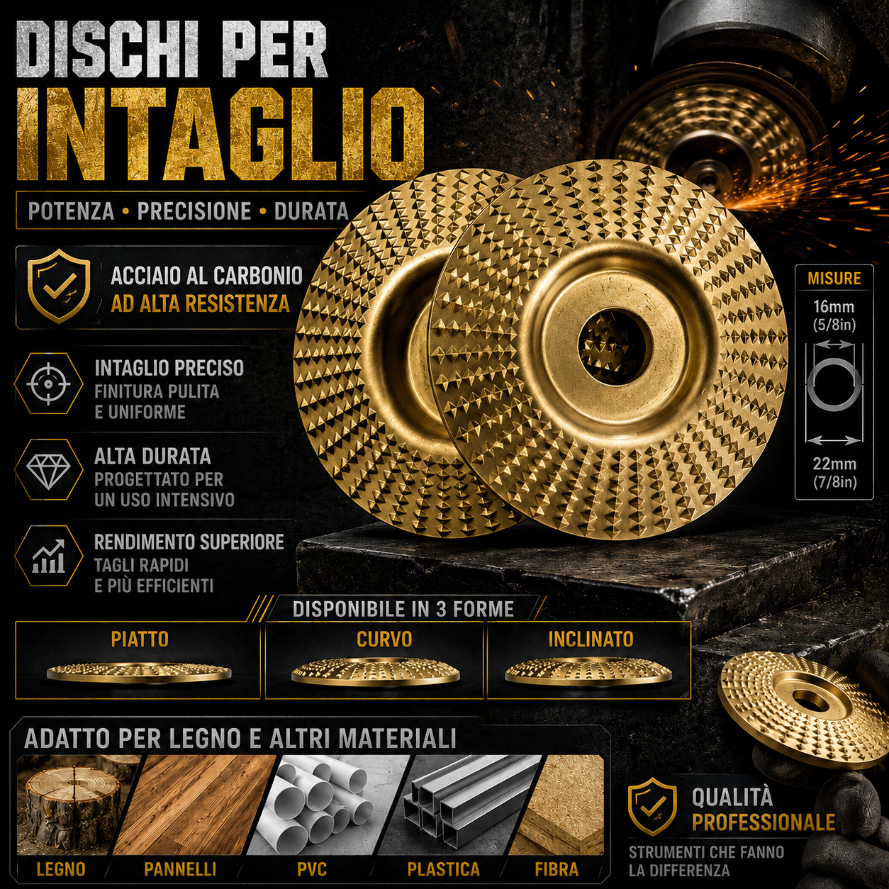 ✦Set Da 3 Dischi Da Smerigliatura In Acciaio Al Carbonio Per Legno | Piatto - Curvo - Inclinato