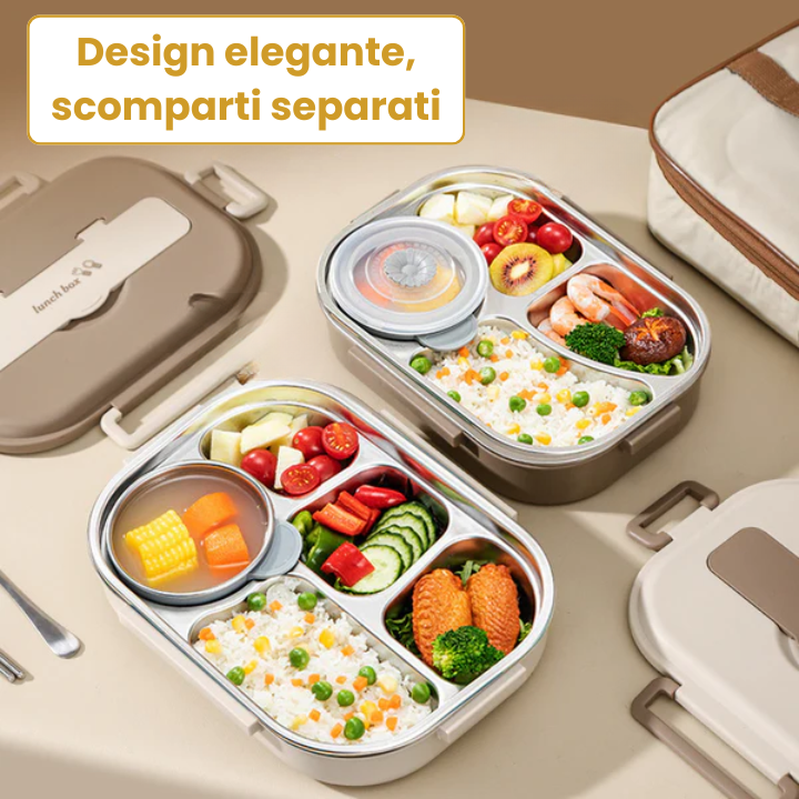 Portapranzo in acciaio inossidabile 304 - 4 scomparti, utensili completi (1500ml)