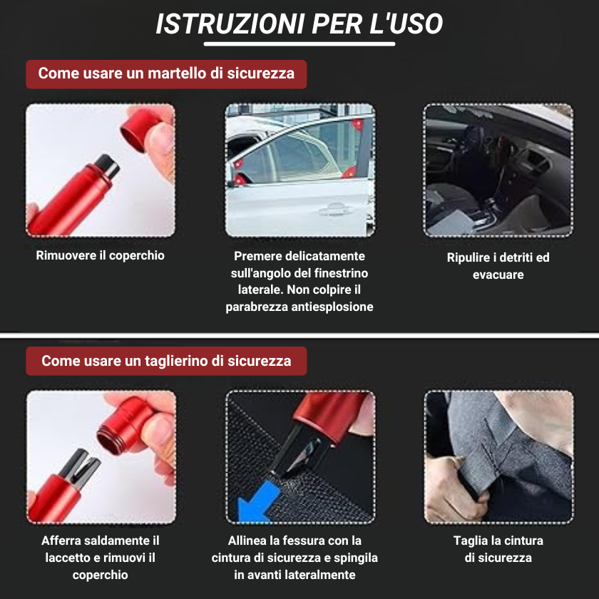 🇮🇹 Martello di emergenza per auto a doppia testa – rompe i vetri e taglia le cinture di sicurezza