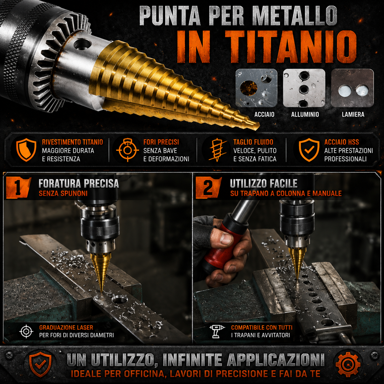 🌪️TitanDrill™ – Set di Punte a Gradini in Titanio (6 Punte Multifunzionali)