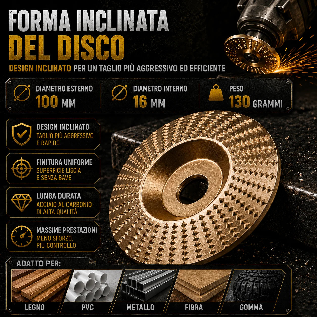 🛠️ Set 3 Dischi Abrasivi per Legno – Acciaio al Carbonio | Piatto, Curvo, Inclinato