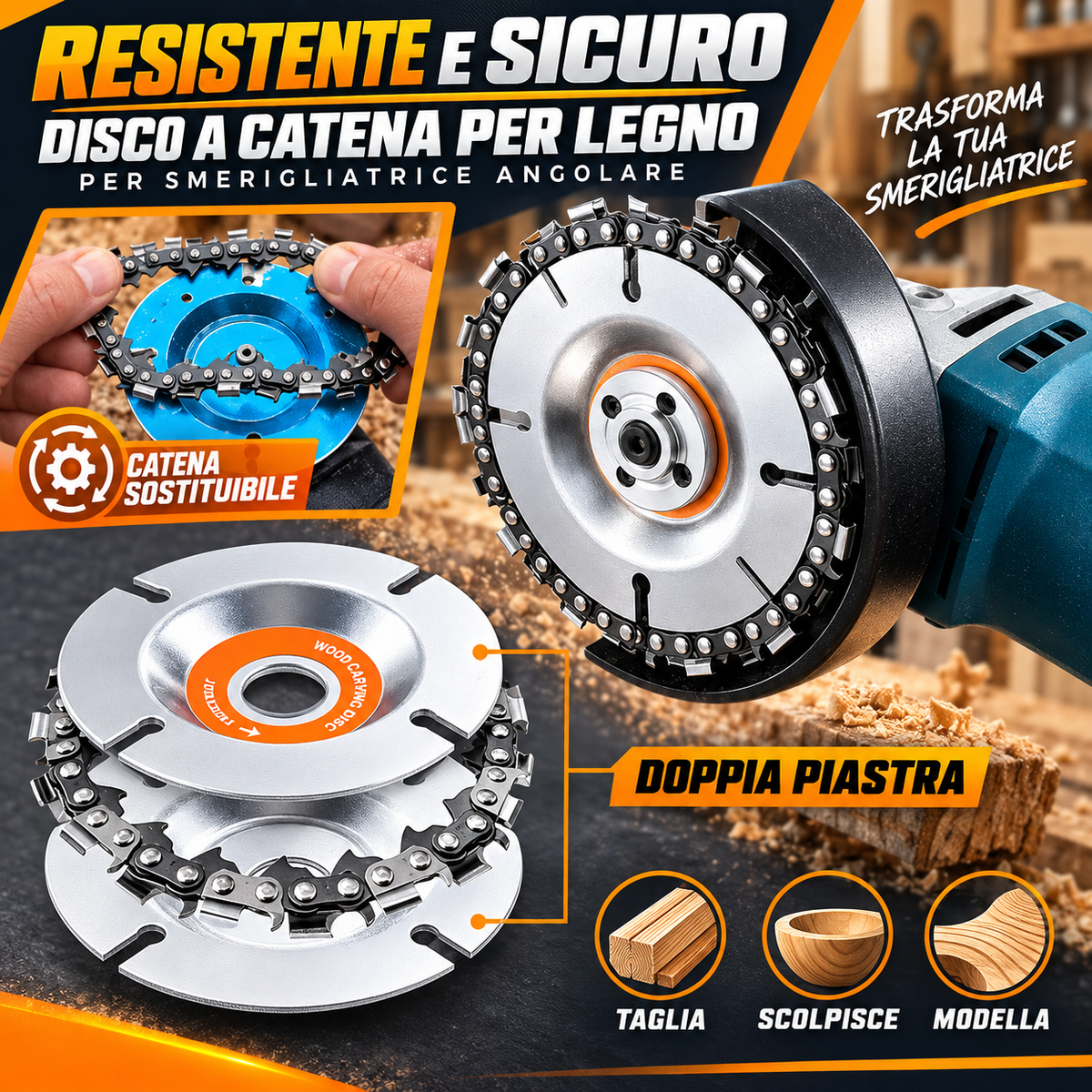 Disco a Catena per Smerigliatrice – Taglia, Intaglia e Sagoma il Legno in Pochi Secondi
