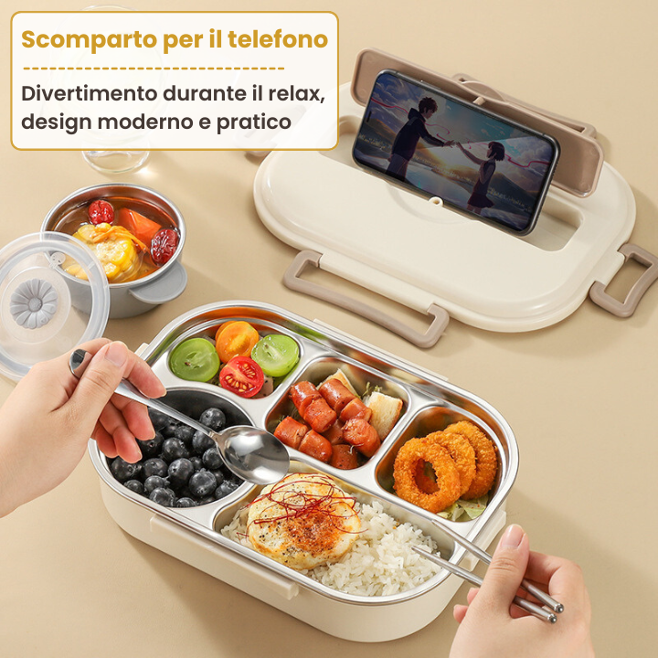 Portapranzo in acciaio inossidabile 304 - 4 scomparti, utensili completi (1500ml)