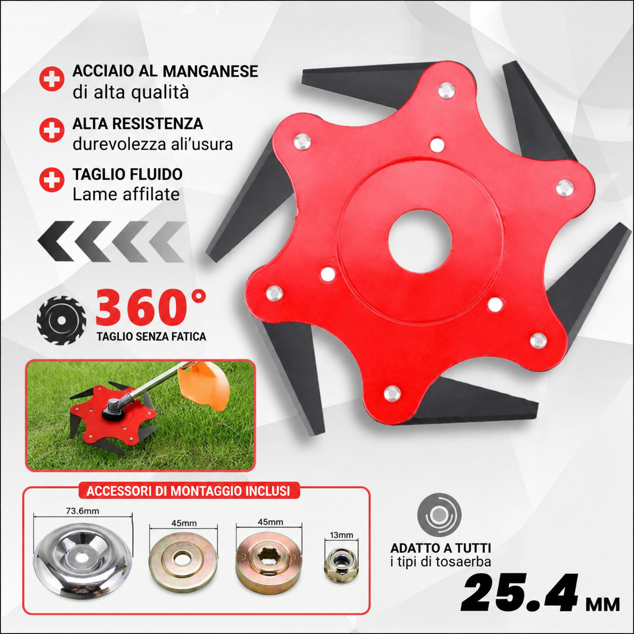 Lama Da Taglio Per Erba A 6 Lame In Acciaio Al Manganese Super Resistente (Accessori Inclusi)