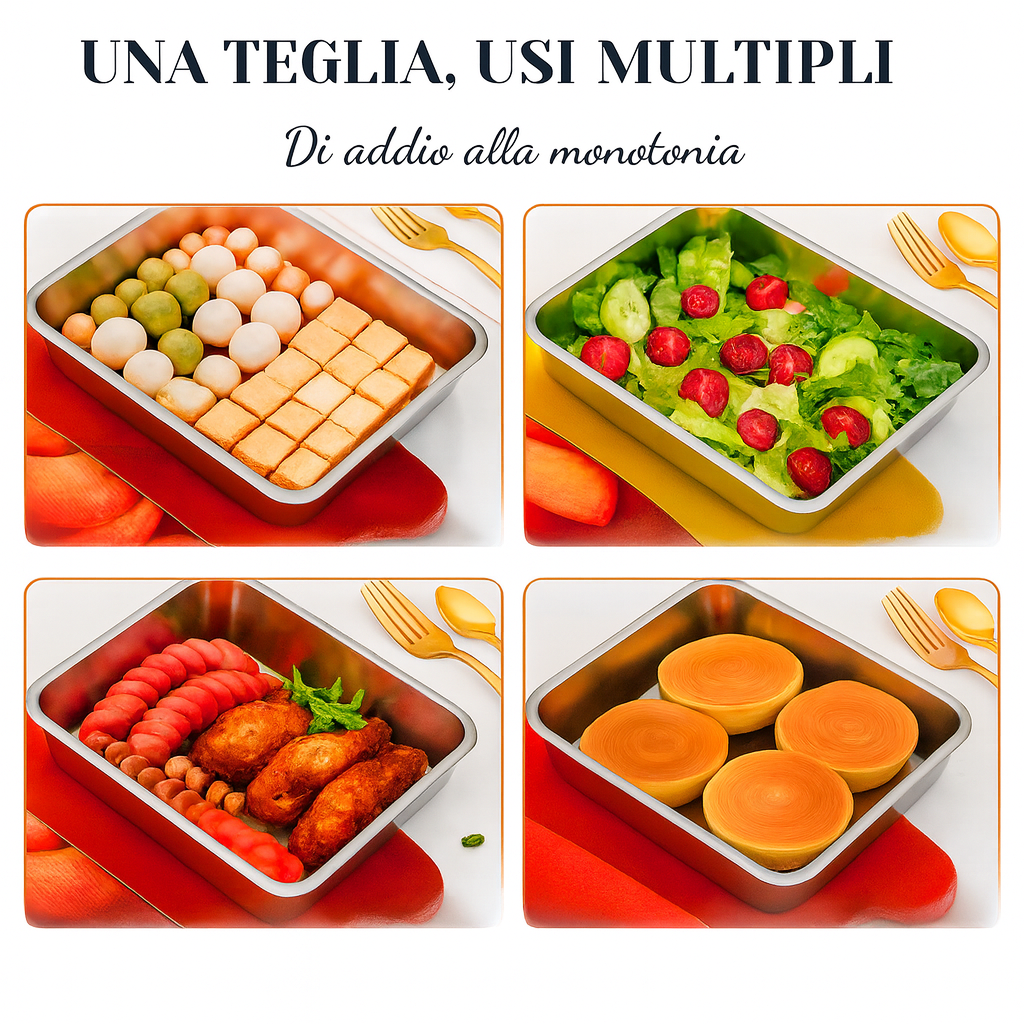 Vassoio in Acciaio Inox 304 con Coperchio — 2100 ml | Mantiene Fresco 1 Mese, 1000 °C, Salva Spazio