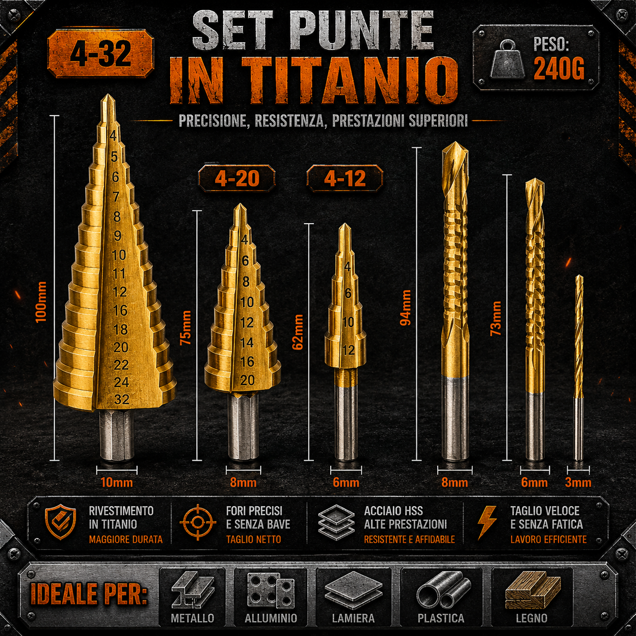 🌪️TitanDrill™ – Set di Punte a Gradini in Titanio (6 Punte Multifunzionali)