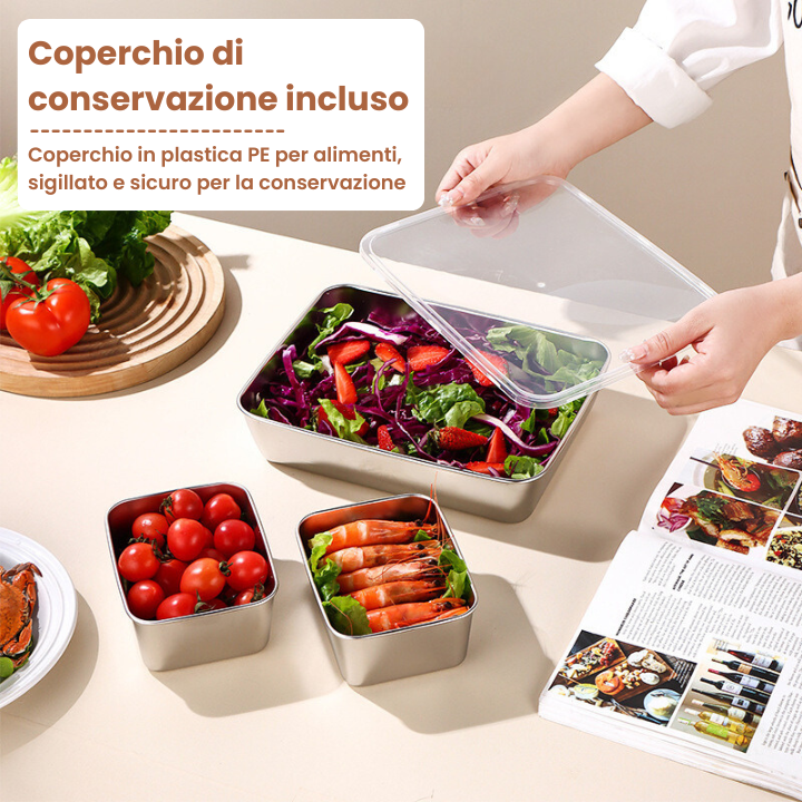 Set di 3 Scatole per alimenti in acciaio inossidabile S304 (25 x 19,5 x 5 cm)