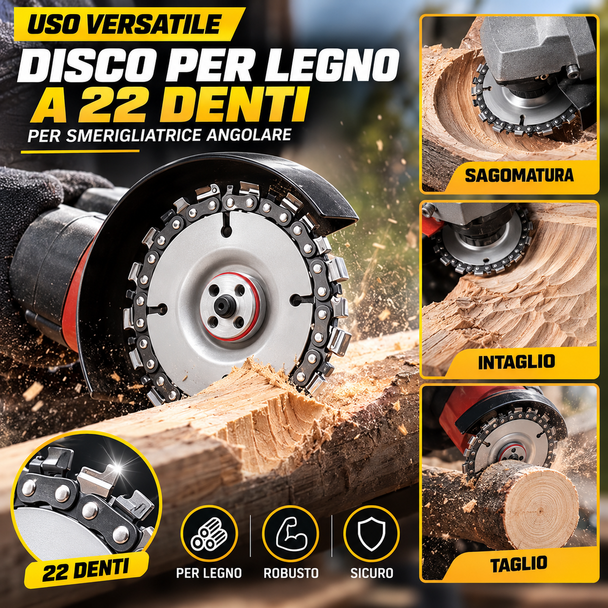 Disco a Catena per Smerigliatrice – Taglia, Intaglia e Sagoma il Legno in Pochi Secondi