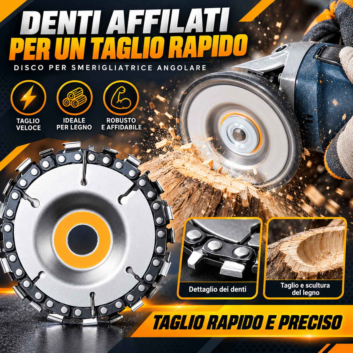 Disco a Catena per Smerigliatrice – Taglia, Intaglia e Sagoma il Legno in Pochi Secondi