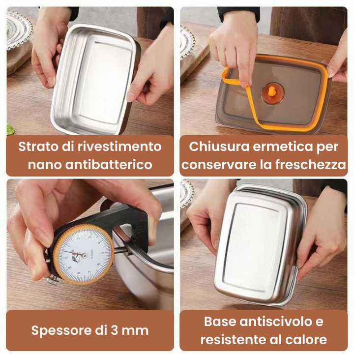 Scatola ermetica per alimenti in acciaio inox antibatterico – 1000 ml (19x13,5x5,5 cm) (LTT)