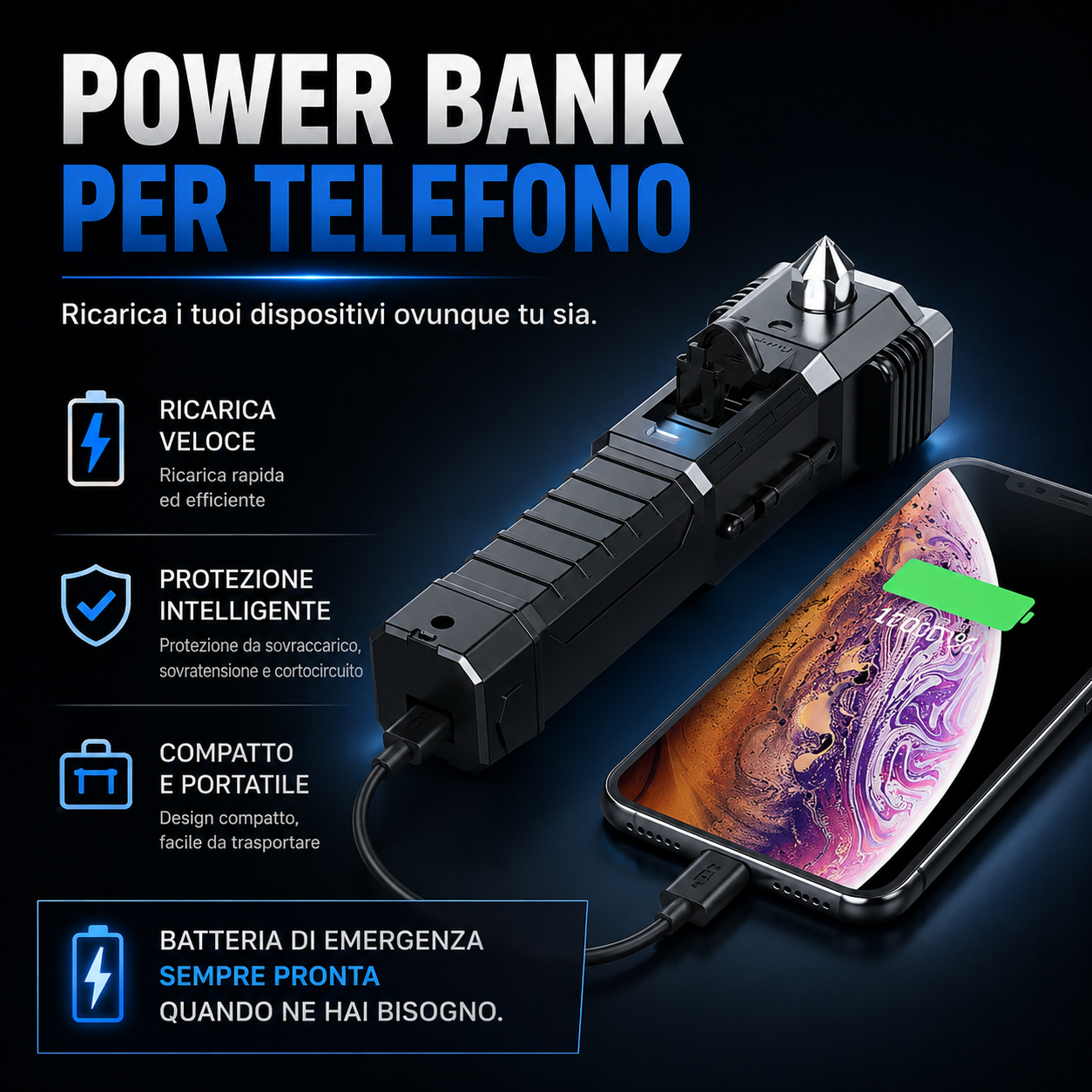 Torcia LED Super Luminosa 4in1 di Emergenza – Rompivetro, Taglia Cintura, Power Bank