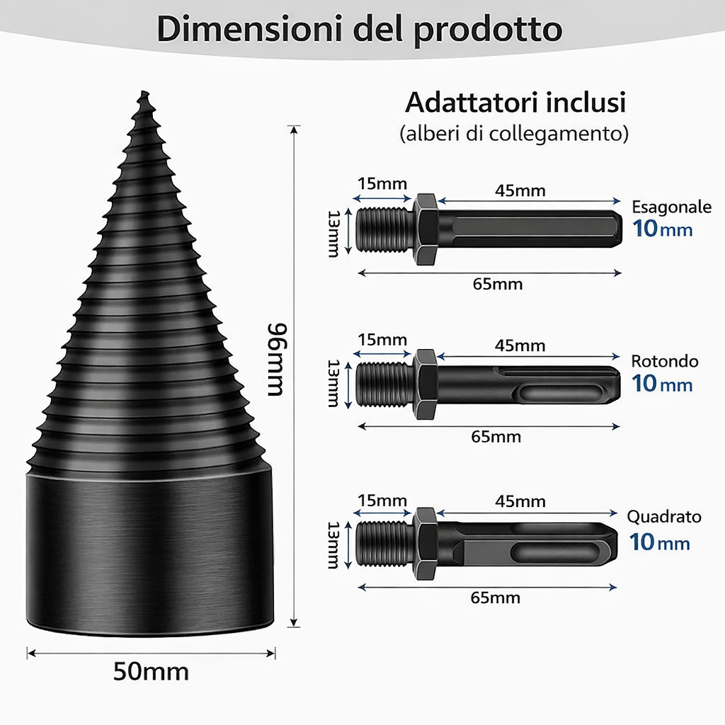 Punta da trapano spaccalegna da 50 mm con 3 adattatori inclusi