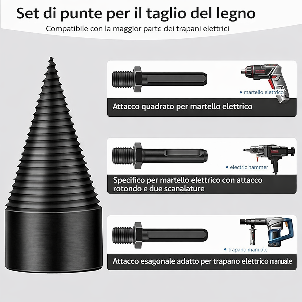 Punta da trapano spaccalegna da 50 mm con 3 adattatori inclusi