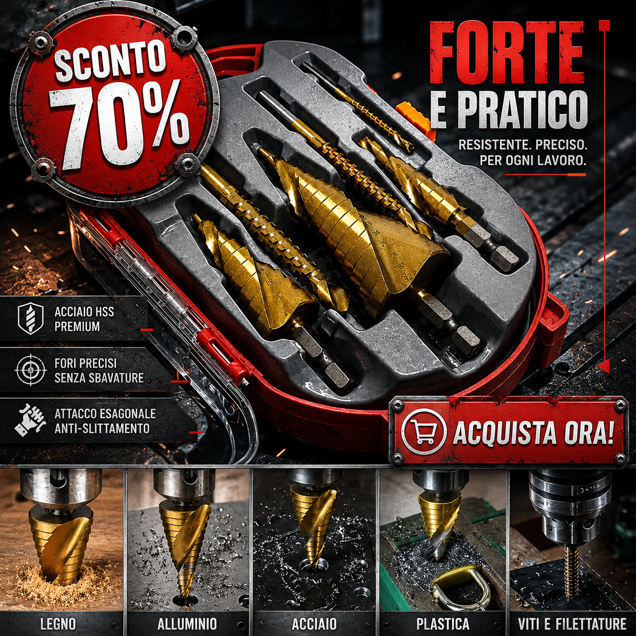 🌪️TitanDrill™ – Set di Punte a Gradini in Titanio (6 Punte Multifunzionali)