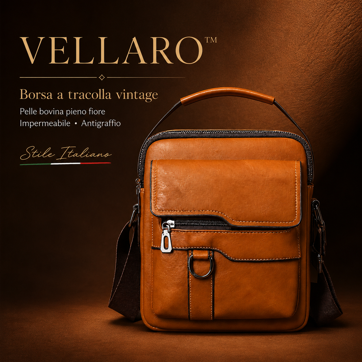 👑VELLARO™ - Borsa a tracolla unisex in pelle bovina pieno fiore, impermeabile e antigraffio, stile vintage