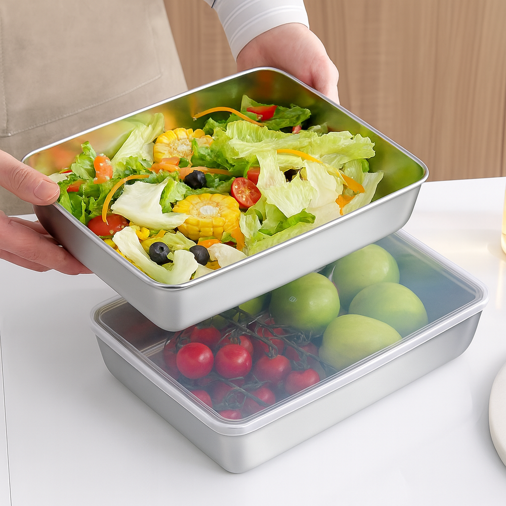 Vassoio in Acciaio Inox 304 con Coperchio — 2100 ml | Mantiene Fresco 1 Mese, 1000 °C, Salva Spazio