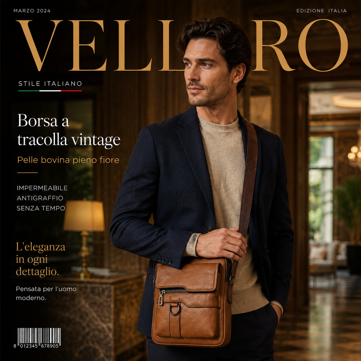 👑VELLARO™ - Borsa a tracolla unisex in pelle bovina pieno fiore, impermeabile e antigraffio, stile vintage
