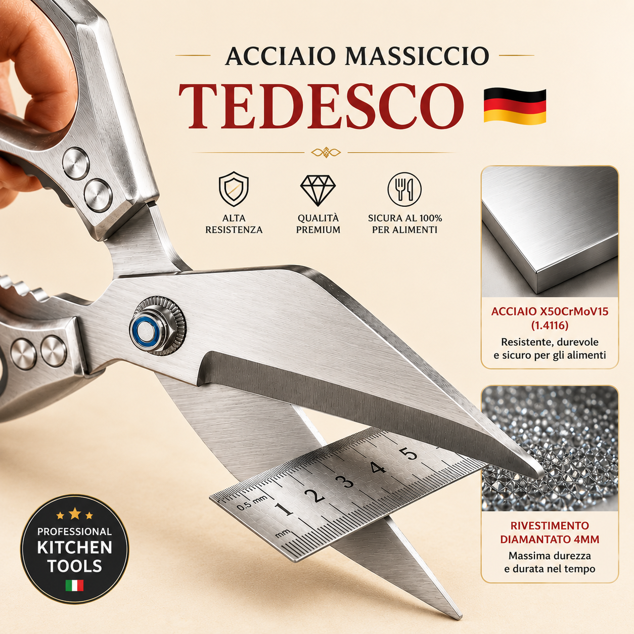 🇮🇹 Grandi forbici con lama a forma di diamante, realizzate in solido acciaio inossidabile importato dalla Germania
