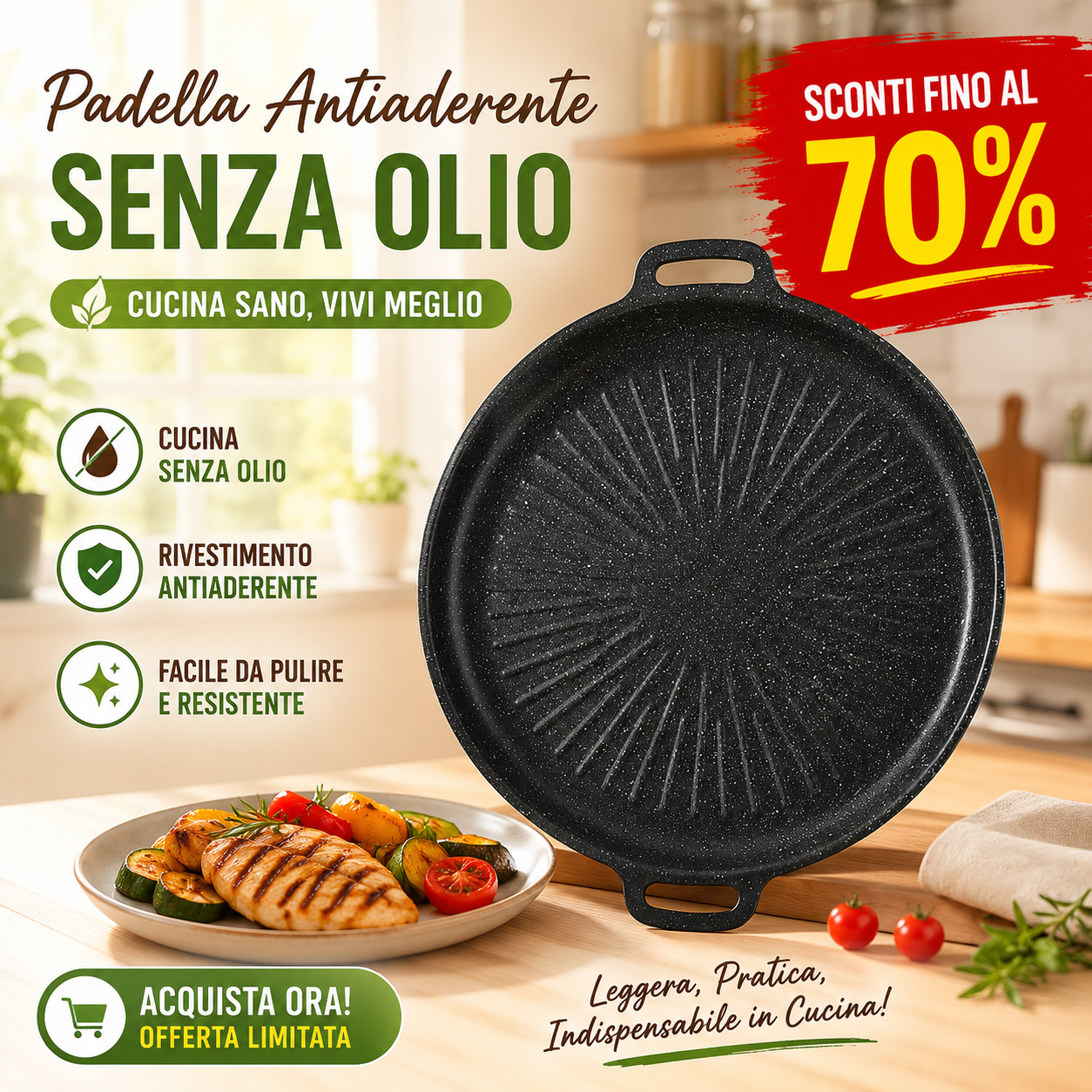 🍳 Padella grill universale per fornelli a gas, piani a induzione e fiamma libera