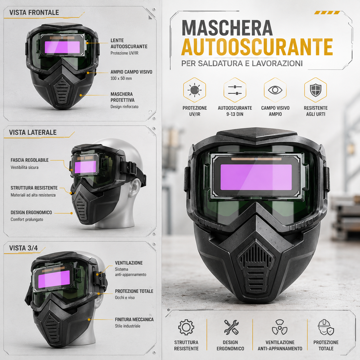 ⛑️ Maschera Da Saldatura Con Oscuramento Automatico 0,1 Ms – Smontabile In 2 Parti, Protezione Totale