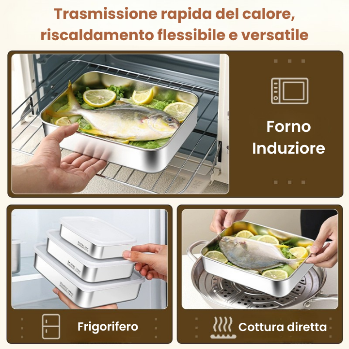 Set di 3 Scatole per alimenti in acciaio inossidabile S304 (25 x 19,5 x 5 cm)