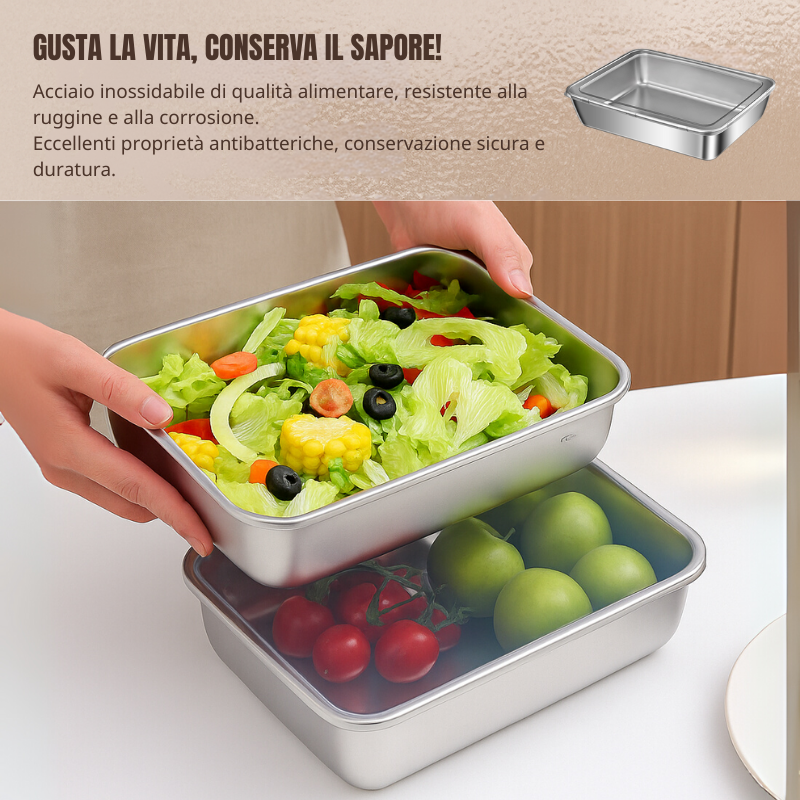 Vassoio in Acciaio Inox 304 con Coperchio — 2100 ml | Mantiene Fresco 1 Mese, 1000 °C, Salva Spazio