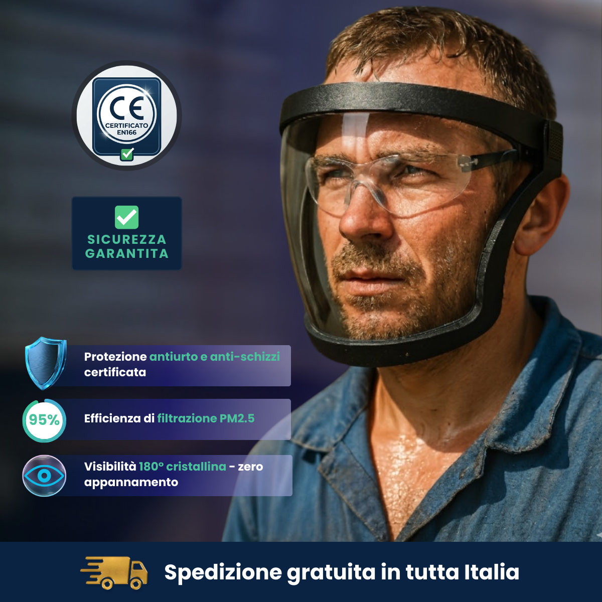 Maschera protettiva integrale anti-polvere e anti-schizzi