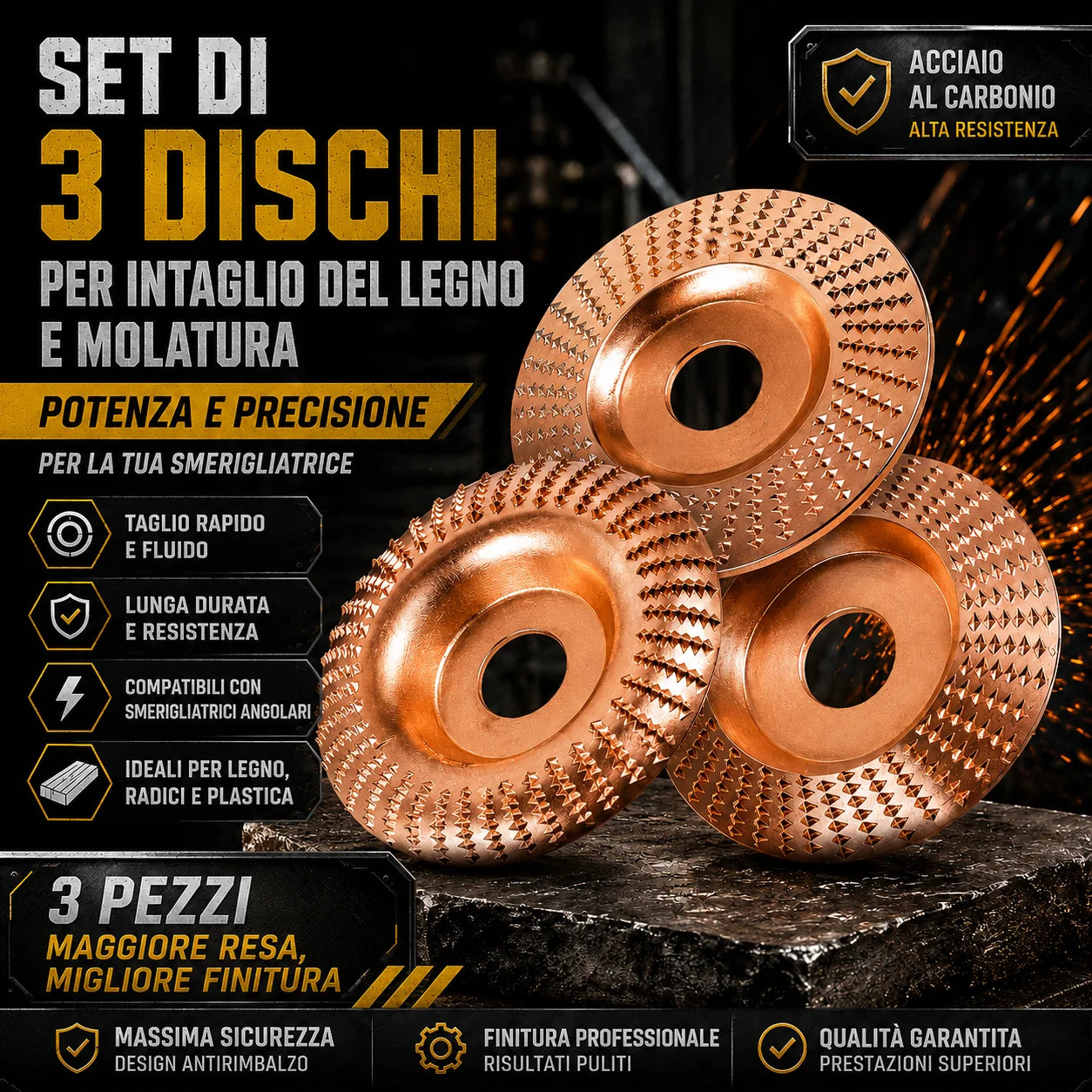 🛠️ Set 3 Dischi Abrasivi per Legno – Acciaio al Carbonio | Piatto, Curvo, Inclinato