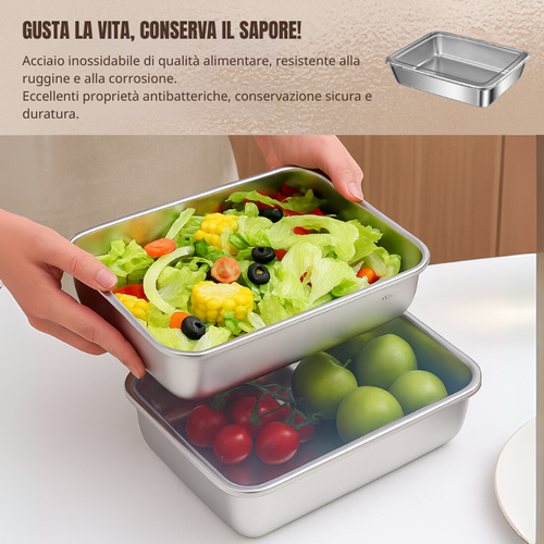 Vassoio in Acciaio Inox 304 con Coperchio — 2100 ml | Mantiene Fresco 1 Mese, 1000 °C, Salva Spazio