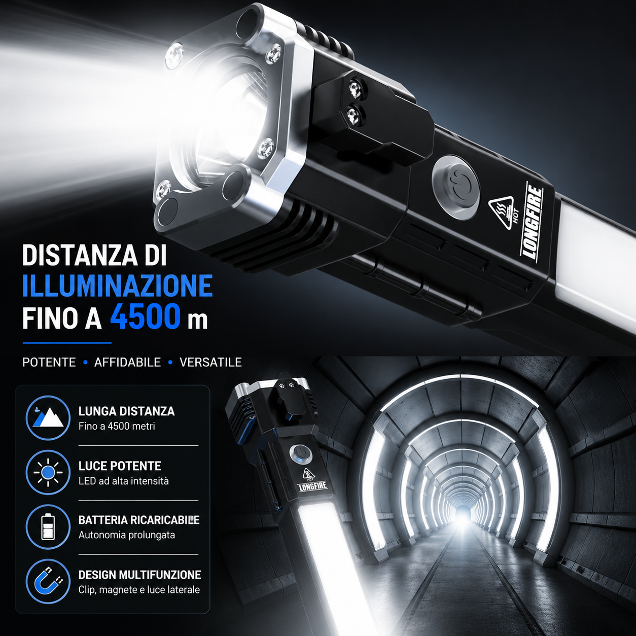 Torcia LED Super Luminosa 4in1 di Emergenza – Rompivetro, Taglia Cintura, Power Bank