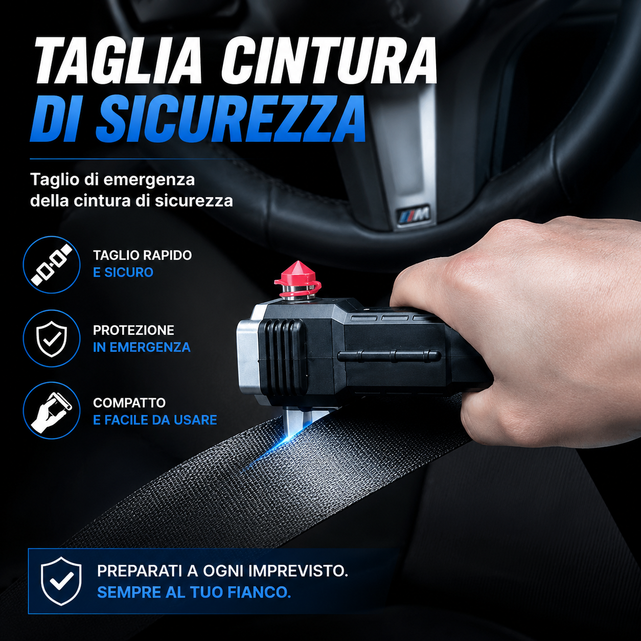 Torcia LED Super Luminosa 4in1 di Emergenza – Rompivetro, Taglia Cintura, Power Bank