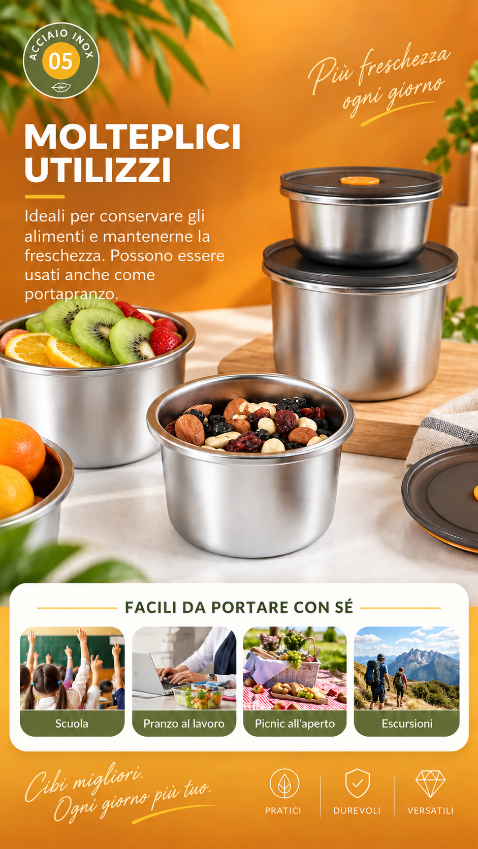 🎁 Prendine 12, pagane solo 6 | Contenitore rotondo in acciaio inox con coperchio sottovuoto (FORMATO GRANDE - 1000 ml)