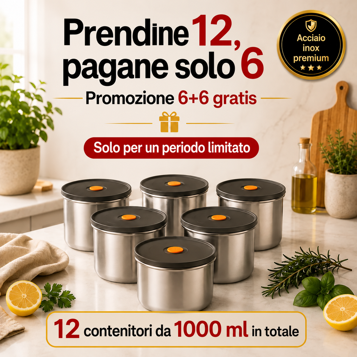 🎁 Prendine 12, pagane solo 6 | Contenitore rotondo in acciaio inox con coperchio sottovuoto (FORMATO GRANDE - 1000 ml)