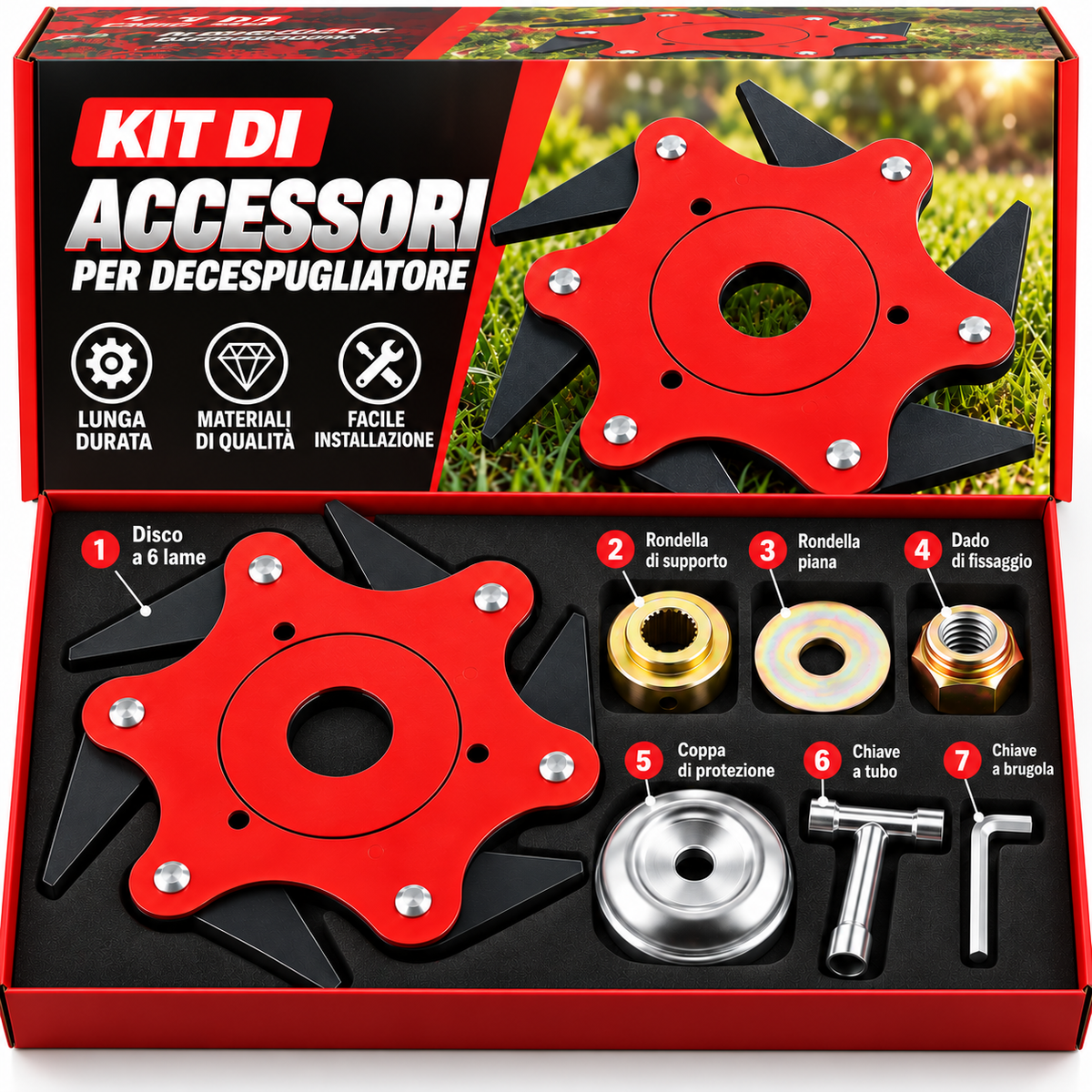 [🎁7 ACCESSORI INCLUSI] Lama tagliaerba a 6 lame in acciaio al manganese