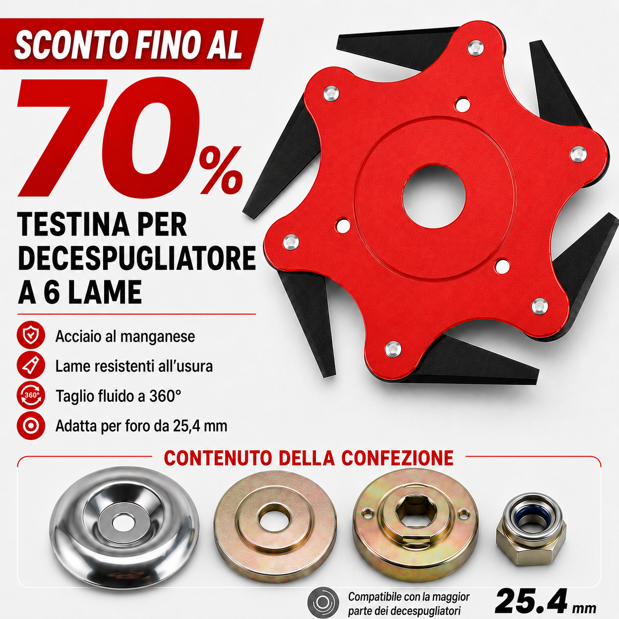 Kit di Testina di Taglio con 6 Lame in Acciaio al Manganese (Kit Completo di Accessori)