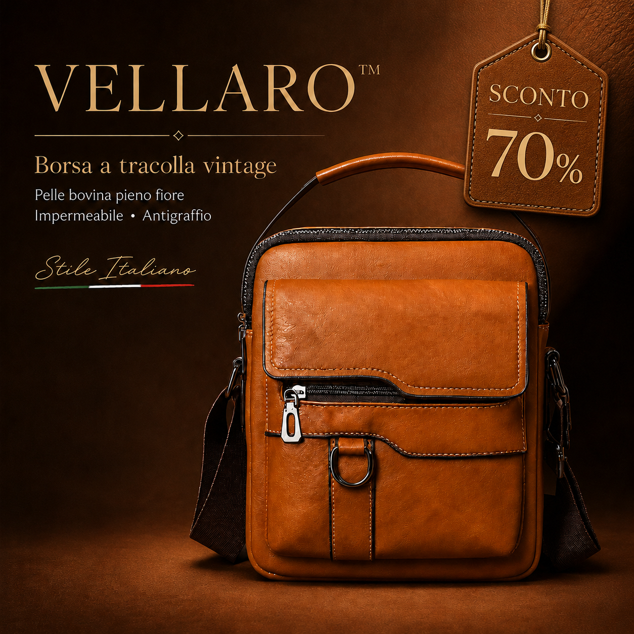 (-70% OFF) VELLARO™ - Borsa a tracolla unisex in pelle bovina pieno fiore, impermeabile e antigraffio, stile vintage