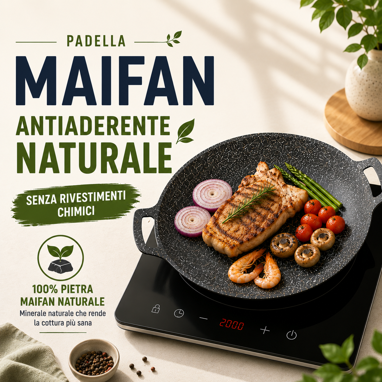 ✨ Padella in pietra Maifan antiaderente a 6 strati compatibile con induzione IH